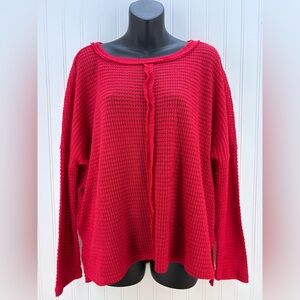 Zenana Red Waffle Knit Long Sleeve Top with Exposed Seams Size L/XL
